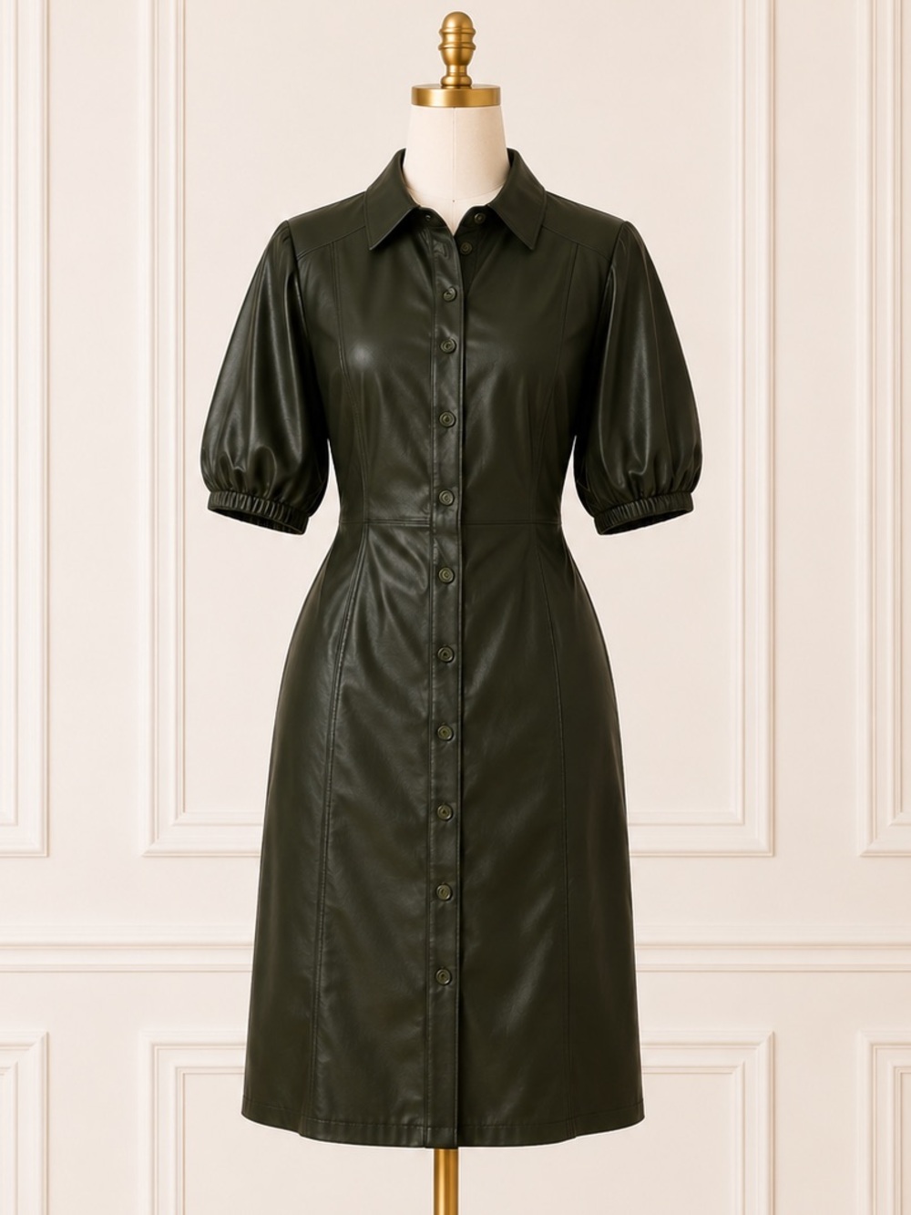 NWT Choosy Army Green Faux Leather Button Front Shirt Dress Sz S MSRP $160